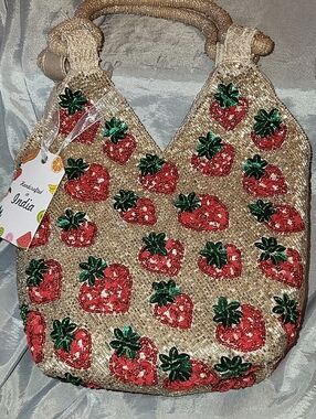 Handcrafted Straw Strawberry Sequin Tote - Gold and Red